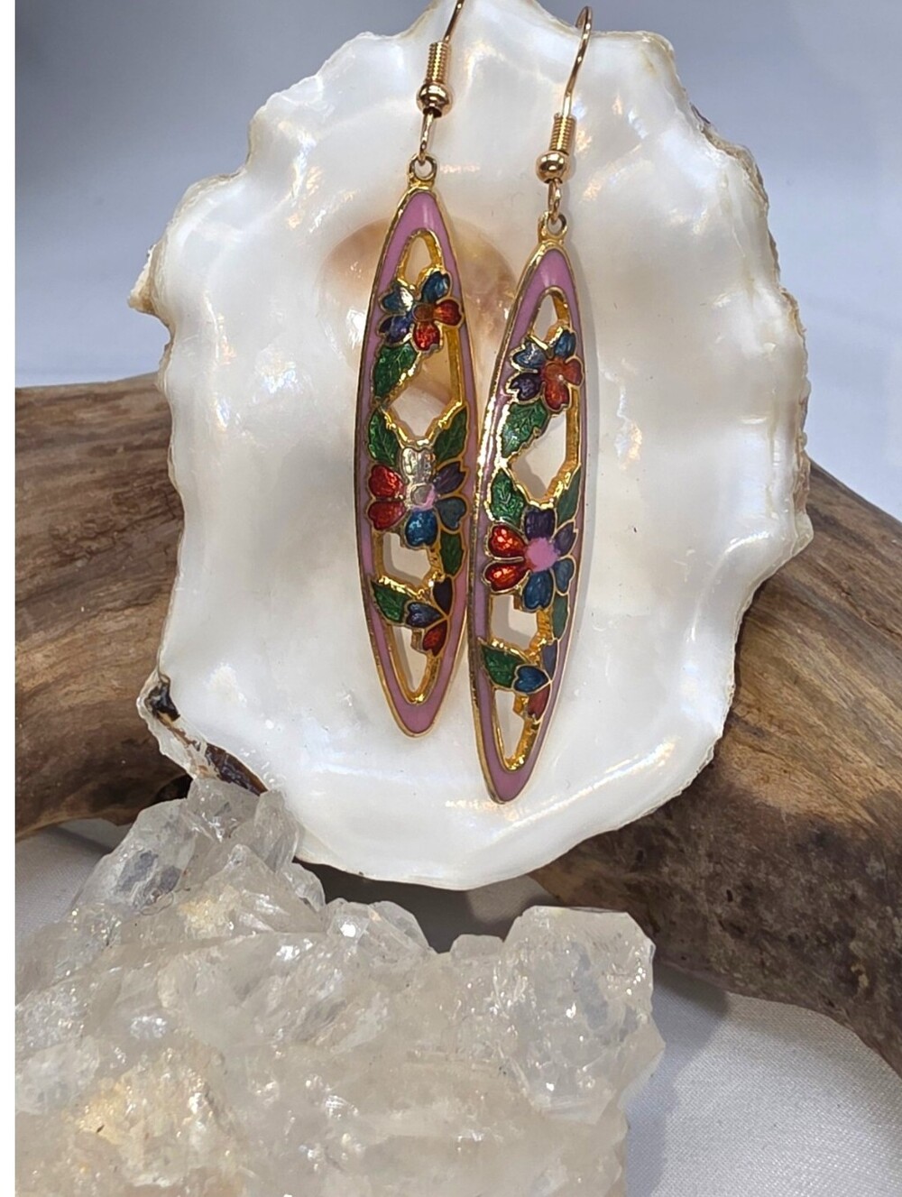 Vintage Cloisonné Floral Dangle Earrings Pink Enamel Gold Tone 3"